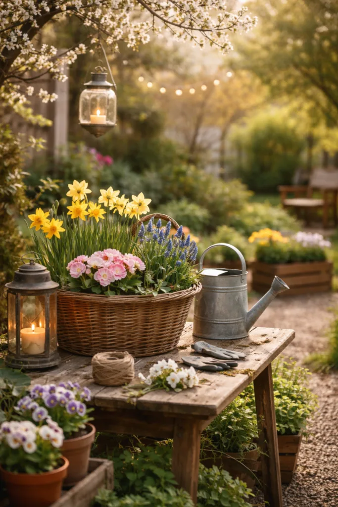 Frühlingsdeko im Garten mit Blumen, Weidenkorb und natürlicher Atmosphäre draußen