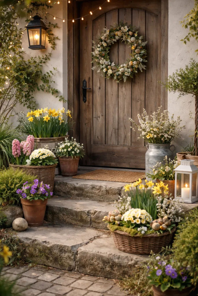 Frühlingsdeko mit Blumen und Kranz am Hauseingang, natürlich und einladend gestaltet
