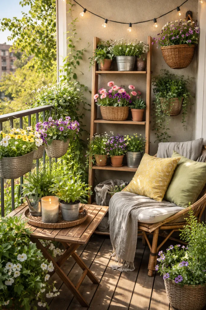 Balkon als Mini-Garten mit Frühlingsdeko, Pflanzen und natürlichem Licht
