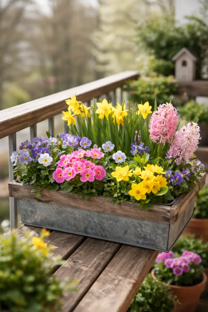 Bunt bepflanzter Blumenkasten mit Primeln, Narzissen und Hyazinthen als Frühlingsdeko für den Balkon