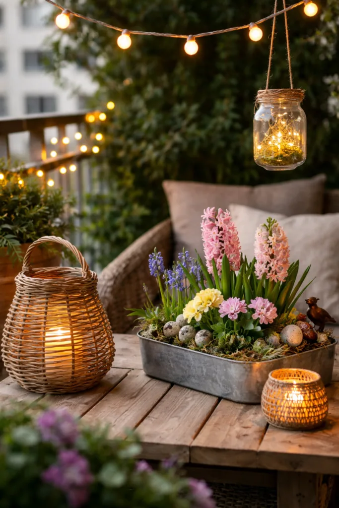 Frühlingsdeko Balkon mit Solarlampen, Blumen und Windlichtern in warmem Abendlicht