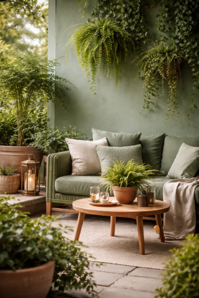 Gartenlounge in Botanical Green mit Pflanzen, Holztisch und natürlichem Licht