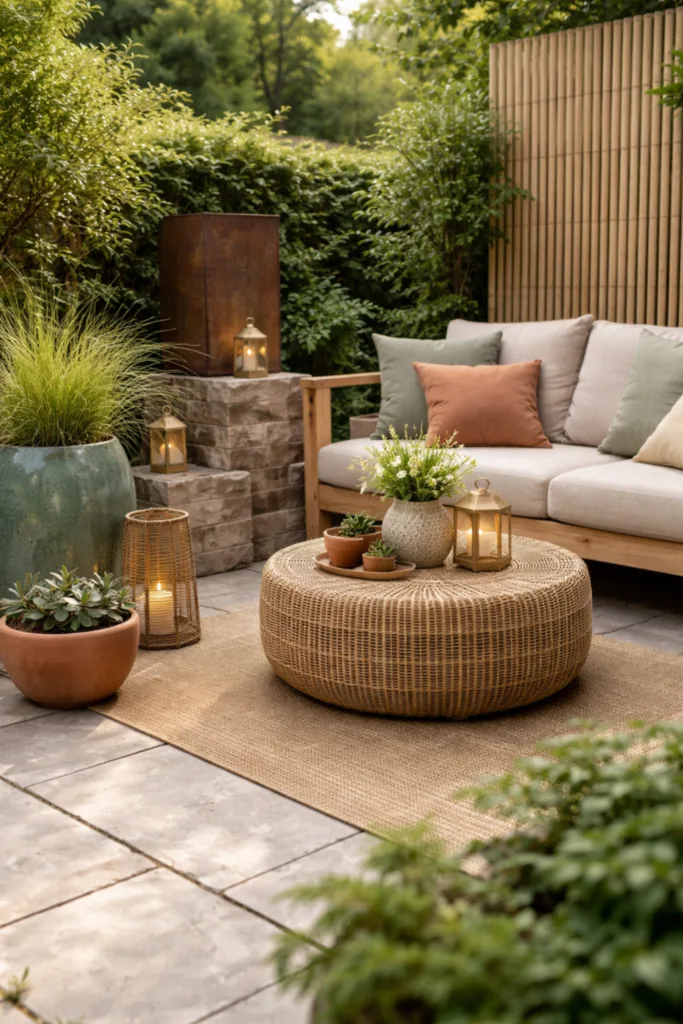 Harmonische Gartenlounge mit Rattan, Holz und Trendfarben 2026 im natürlichen Licht