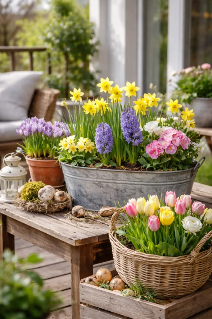 Bunte Frühblüher als Frühlingsdeko auf einer Terrasse mit Zinktöpfen und Körben