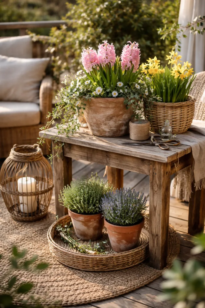 Frühlingsdeko Terrasse mit Holzbank, Rattan-Körben und Tontöpfen im Sonnenlicht