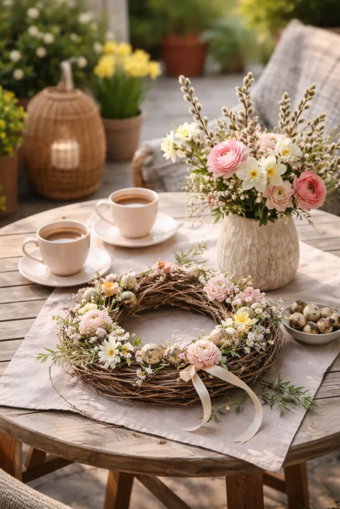 Frühlingsdeko Terrasse mit Blumenkranz, Vase und Kaffeetasse im Sonnenlicht