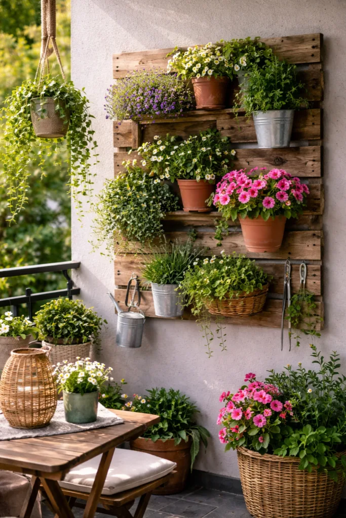 Vertikale Frühlingsdeko auf Terrasse mit Holzpalette, Blumen und Hängepflanzen
