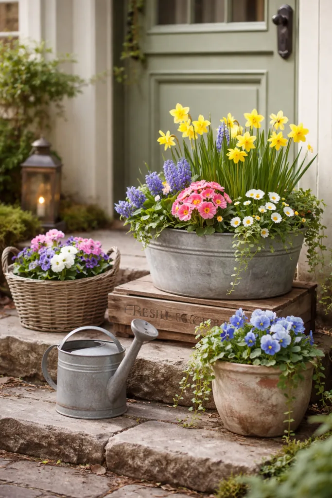 Frühlingsdeko am Hauseingang mit Narzissen, Primeln, Gießkanne und Blumenkübeln auf Steintritt