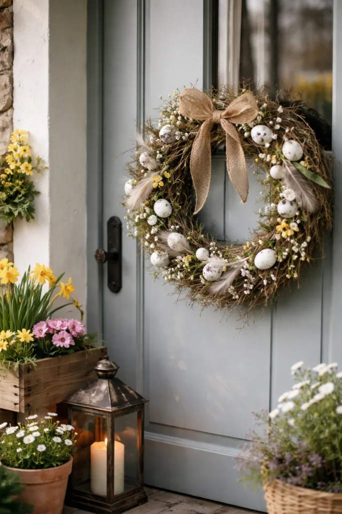 Frühlingskranz mit Schleife, Eiern und Blumen an der Haustür mit Blumendeko