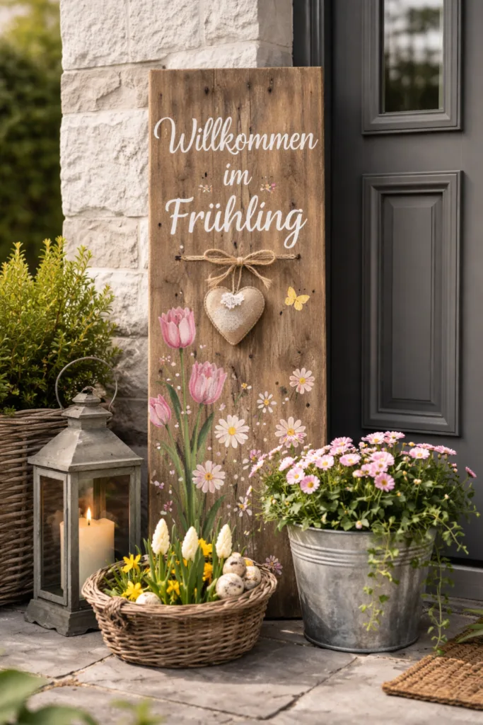 Holzschild mit „Willkommen im Frühling“, Blumenkorb und Laterne am Hauseingang