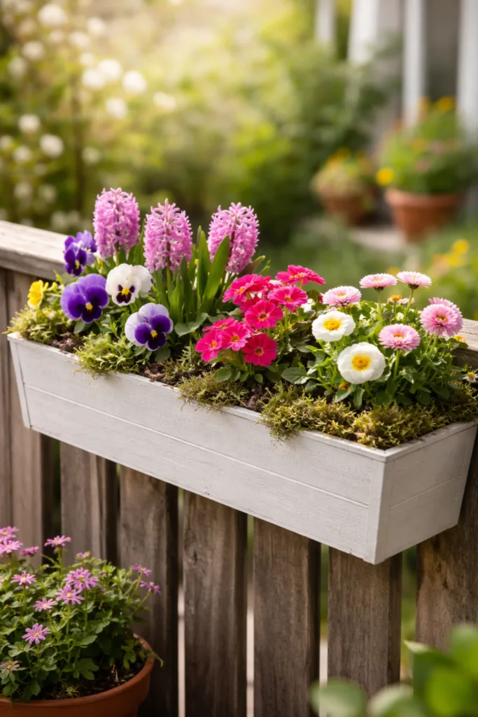 Blumenkasten mit Frühlingsdeko aus Primeln, Stiefmütterchen und Hyazinthen auf Balkon