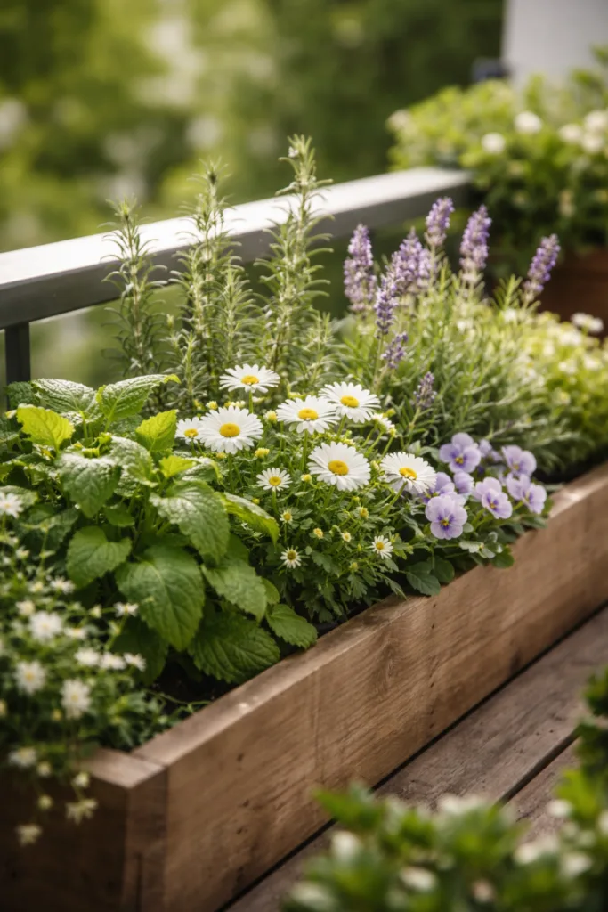 Frühlingsdeko im Blumenkasten mit Kräutern, weißen Blüten und Hornveilchen