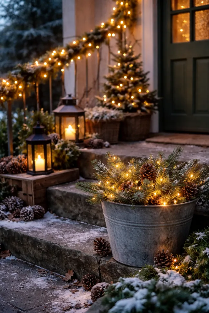 Winterdeko im Vorgarten mit Lichterketten, Tannenzweigen und Laternen