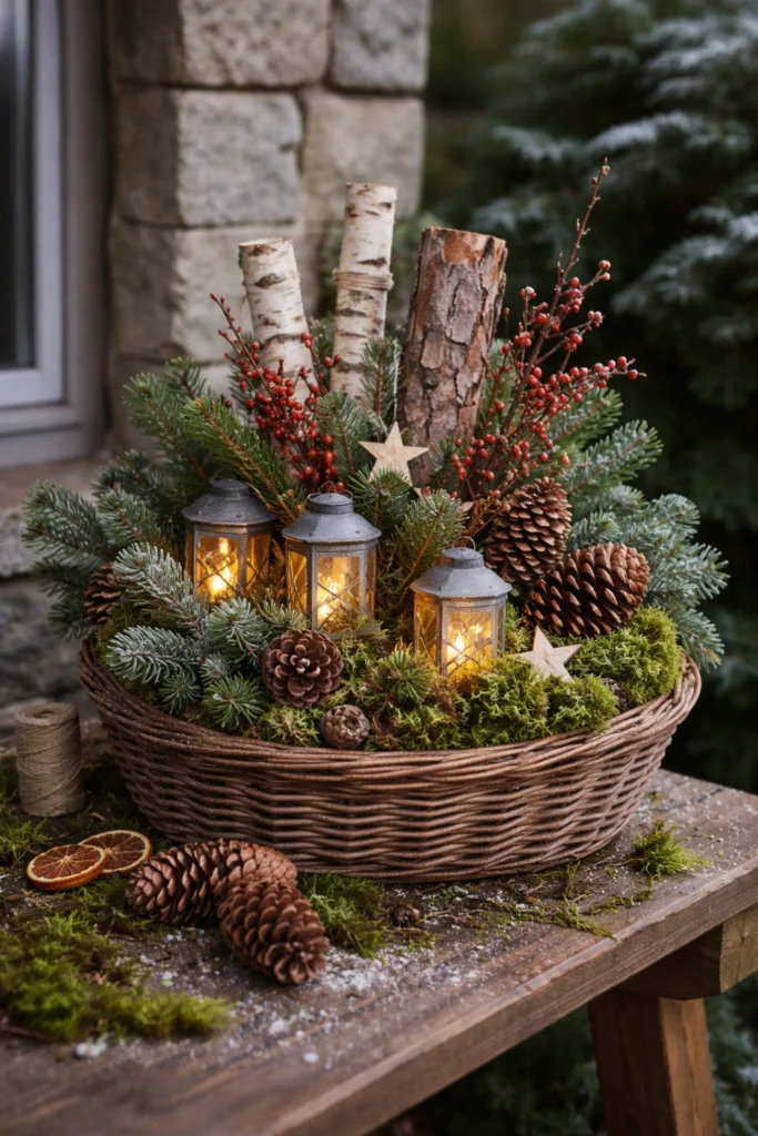 Winterdeko im Vorgarten mit Tannenzweigen, Moos, Zapfen und warmem Licht