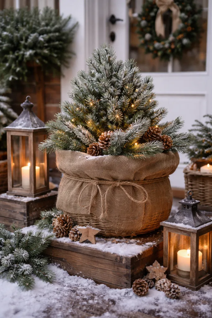 Rustikale Winterdeko im Vorgarten mit Jutesäcken, Tannenzweigen und Lichterkette