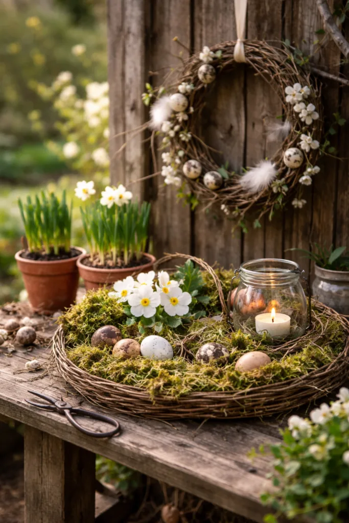 Frühlingsdeko im Garten mit Moos, Ästen, Eiern und Blüten auf Holztisch