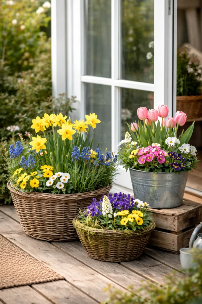 Bepflanzte Körbe mit Frühlingsblumen als natürliche Deko an der Terrassentür