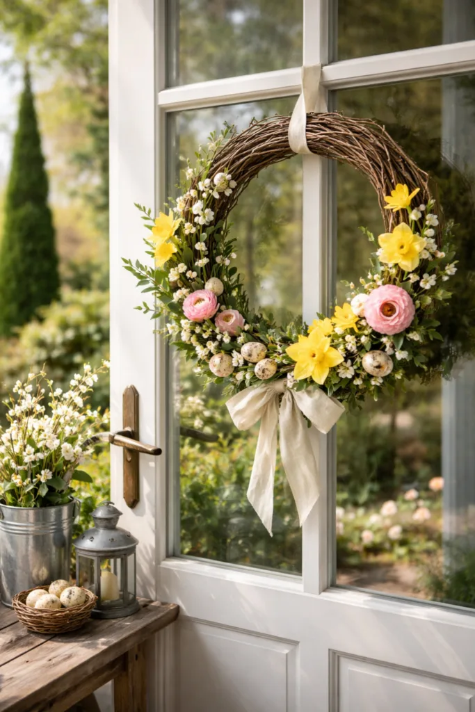 Frühlingsdeko mit Kranz aus Weidenzweigen und Blumen an Terrassentür