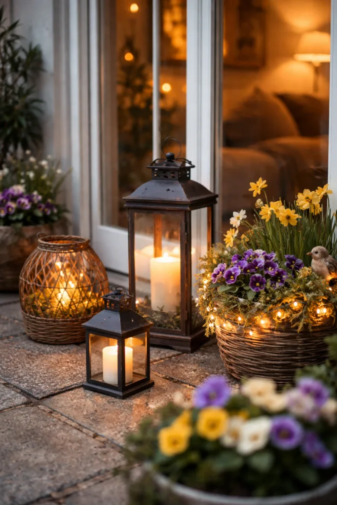 Laternen und Frühlingsdeko an der Terrassentür mit Blumen und warmem Licht