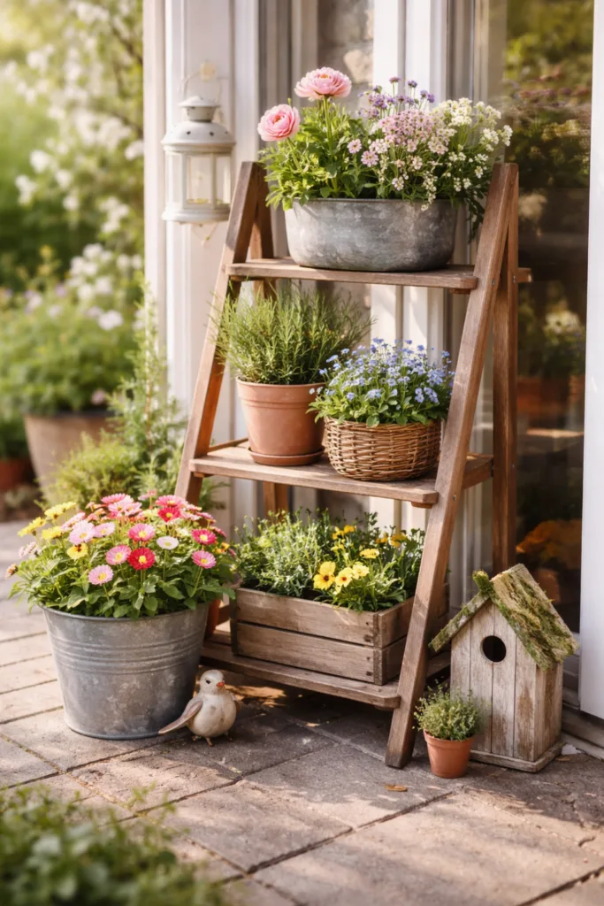 Blumige Frühlingsdeko an der Terrassentür mit Pflanzen, Kräutern und Holzleiter
