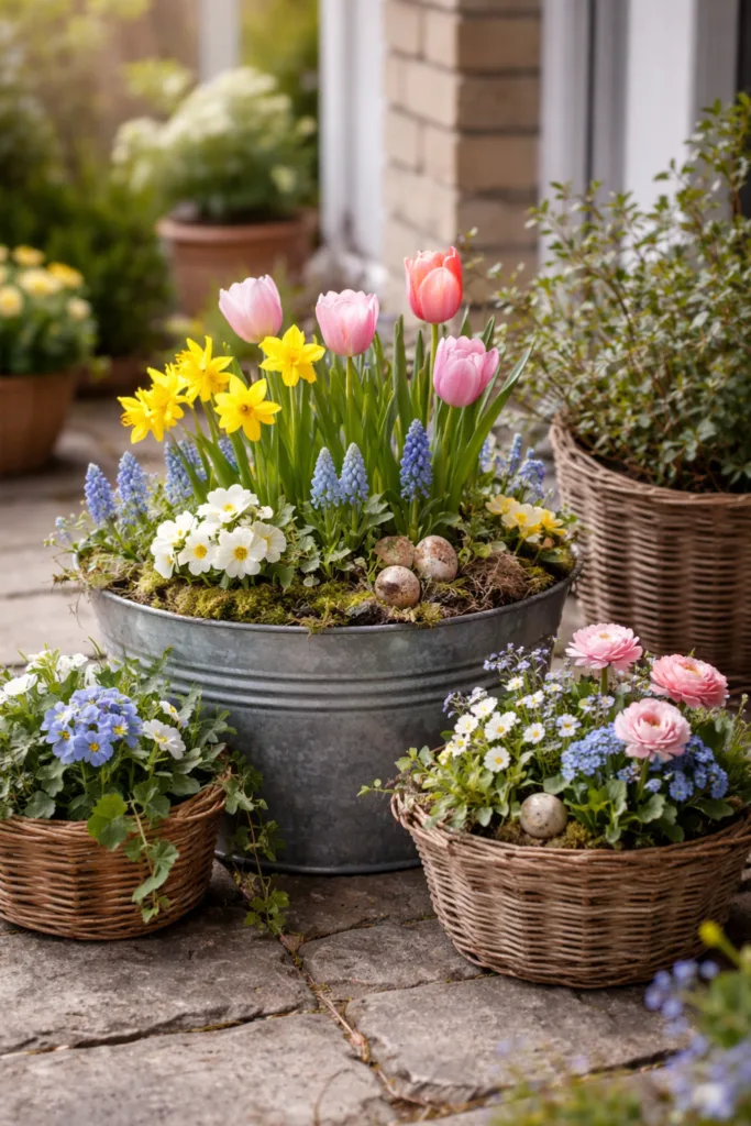 Blumenschalen mit Tulpen, Narzissen und Hyazinthen als Frühlingsdeko im Außenbereich