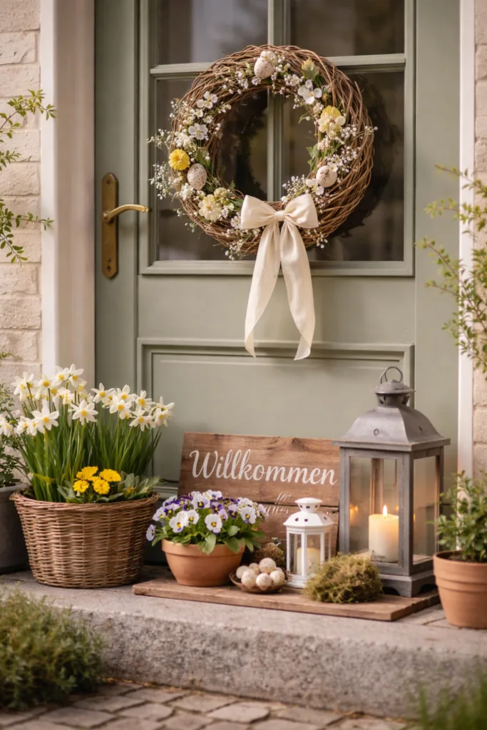 Tür mit Frühlingskranz, Blumen und Willkommen-Schild als natürliche Außendeko
