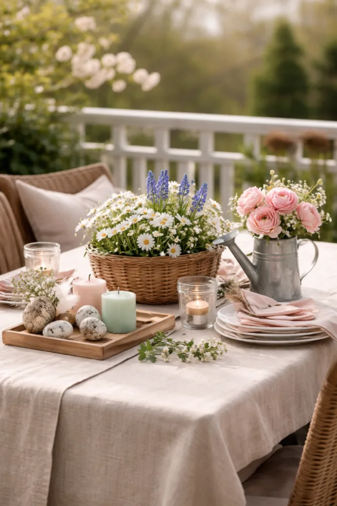 Frühlingsdeko im Außenbereich mit Blumen, Kerzen und natürlicher Tischgestaltung