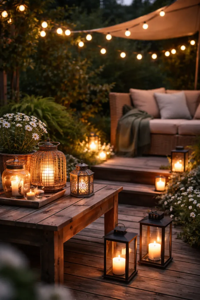 Gemütliche Frühlingsdeko im Außenbereich mit Laternen, Kerzen und Lichterkette auf der Terrasse