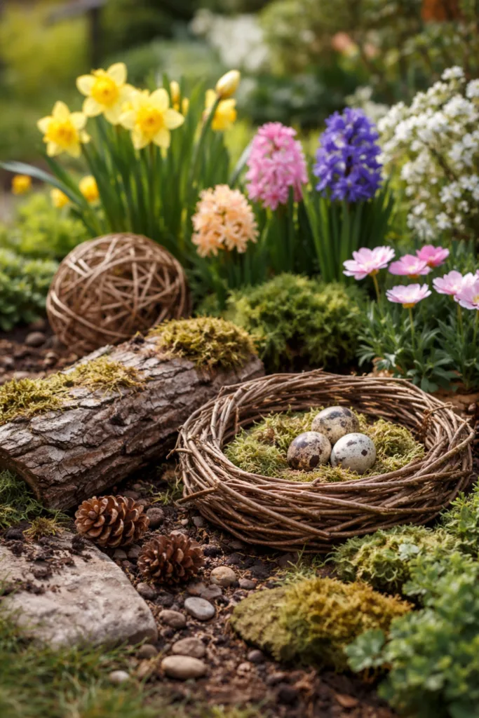 Frühlingsdeko für Beete mit Moos, Weidenruten, Tulpen und Hyazinthen im Garten