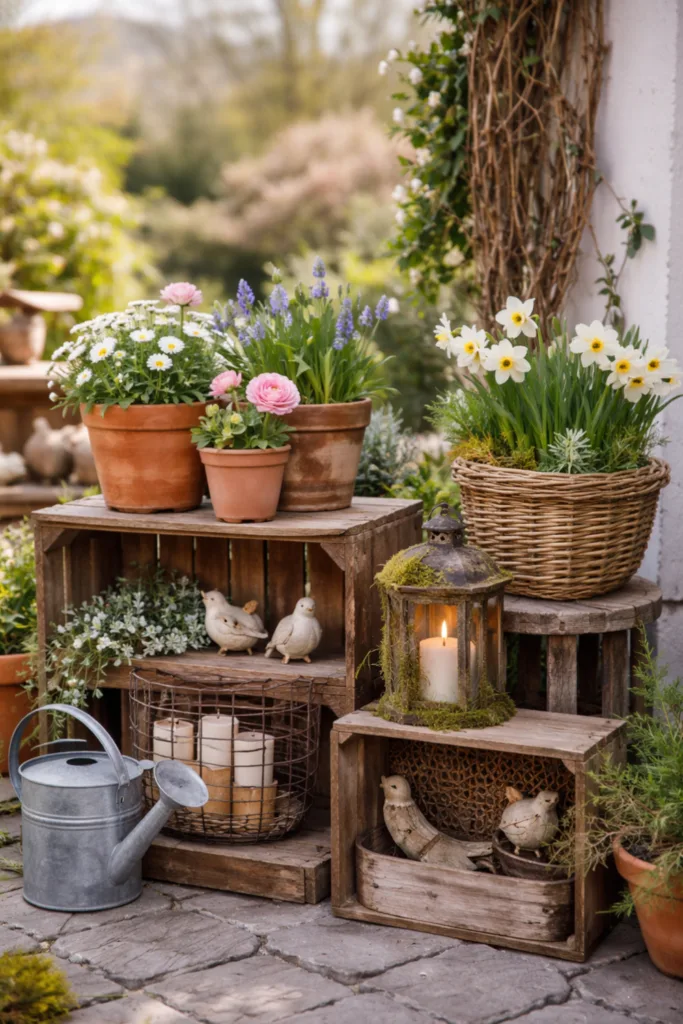 Natürliche Frühlingsdeko im Außenbereich mit Holz, Körben und Frühblühern