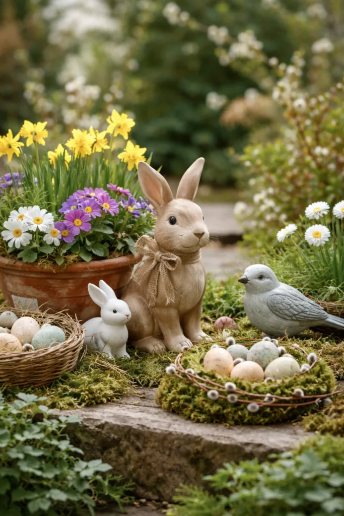 Hasenfiguren und Frühlingsblumen als natürliche Deko im Außenbereich