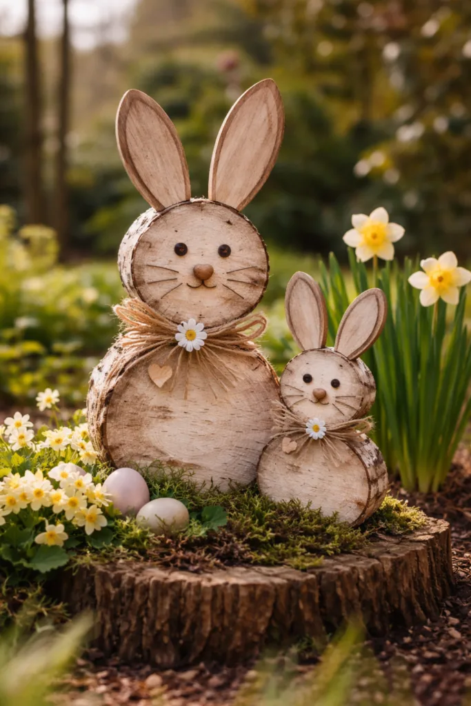Zwei Holz-Osterhasen im Garten zwischen Moos und Frühlingsblumen als Osterdeko