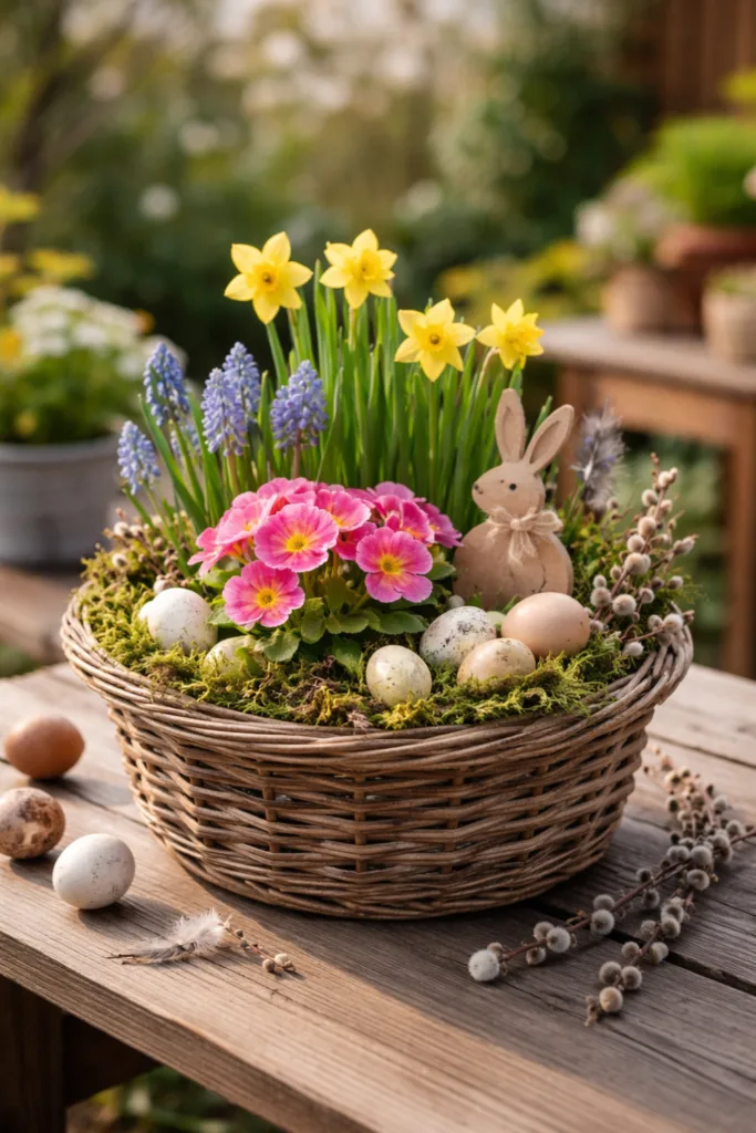Osterdeko im Garten mit bepflanztem Korb aus Narzissen, Primeln und Eiern