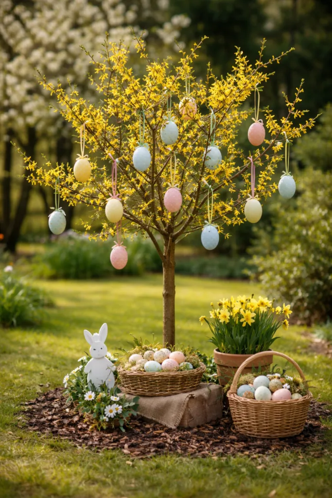 Blühender Osterbaum mit bunten Eiern und Frühlingsblumen als Osterdeko im Garten