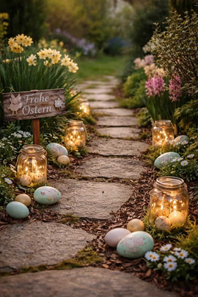Osterdeko im Garten mit beleuchtetem Weg, Windlichtern und bemalten Ostereiern
