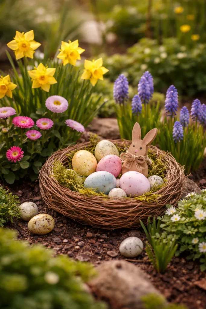 Osternester im Garten mit bunten Eiern und Frühlingsblumen in natürlicher Umgebung