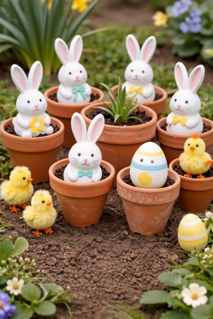 Osterhasen in Blumentöpfen mit Küken und Eiern als fröhliche Gartendeko 2026