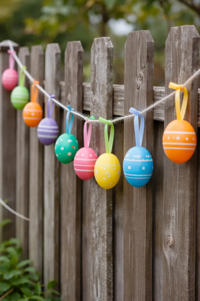 Bunte Eiergirlande am Gartenzaun – Osterdeko Trend 2026 mit Pastellfarben
