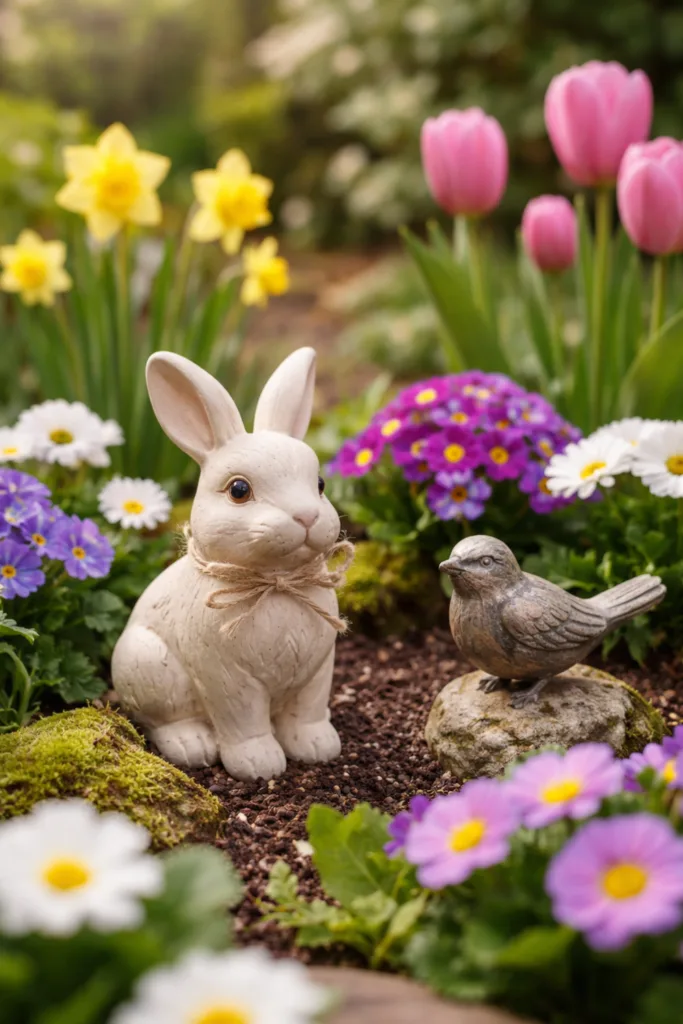 Keramikhase und Vogel als Frühlingsdeko im Beet mit Tulpen und Primeln