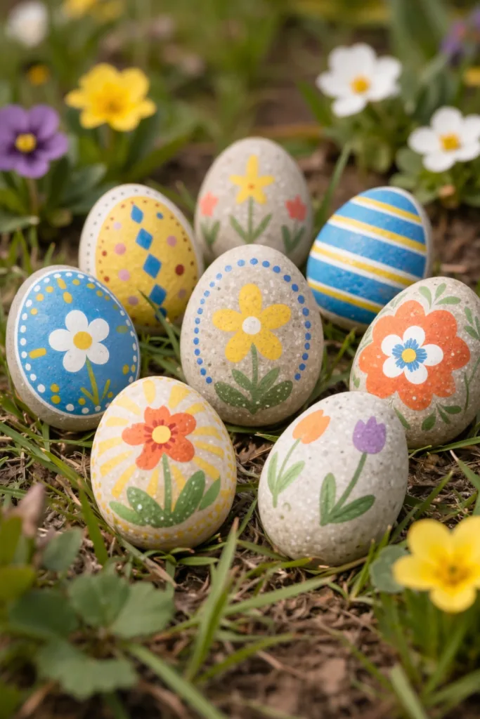 Bunte handbemalte Steineier als nachhaltige Osterdeko im Garten 2026