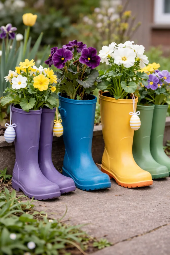 Bunte Gummistiefel mit Blumen als Osterdeko im Garten, Frühlingsidee 2026