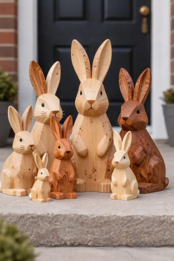 Handgefertigte Holzhasen als Osterdeko für den Hauseingang in verschiedenen Größen
