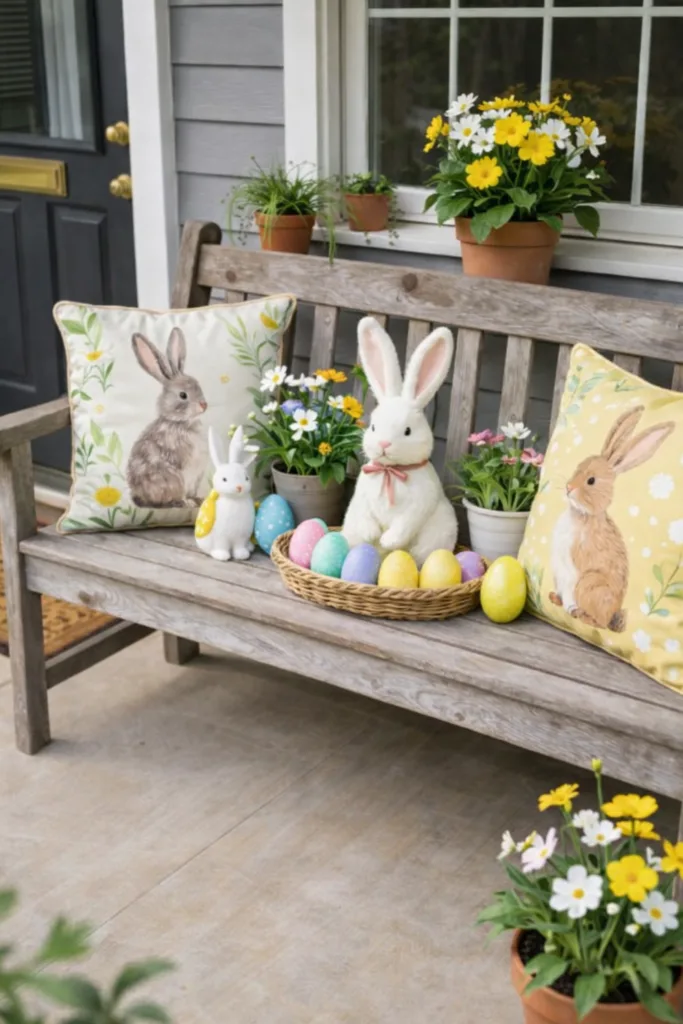 Osterdeko für den Hauseingang mit Holzbank, Hasenfiguren, bunten Eiern und Frühlingsblumen