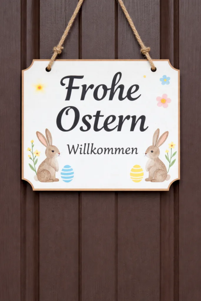 Osterdeko für den Hauseingang mit Frohe-Ostern-Willkommensschild und Hasenmotiv
