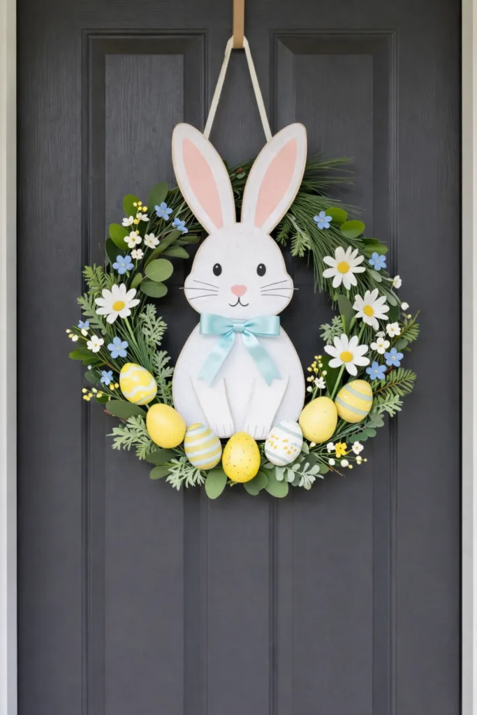 Osterdeko für den Hauseingang mit Türkranz aus Blumen, Eiern und Holzhasen-Motiv