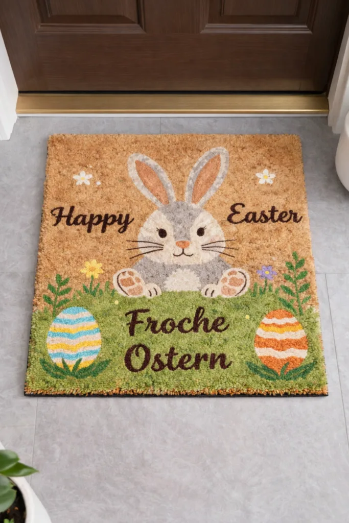 Osterdeko Hauseingang mit bunter Fußmatte, Hase und Ostereiern vor der Tür