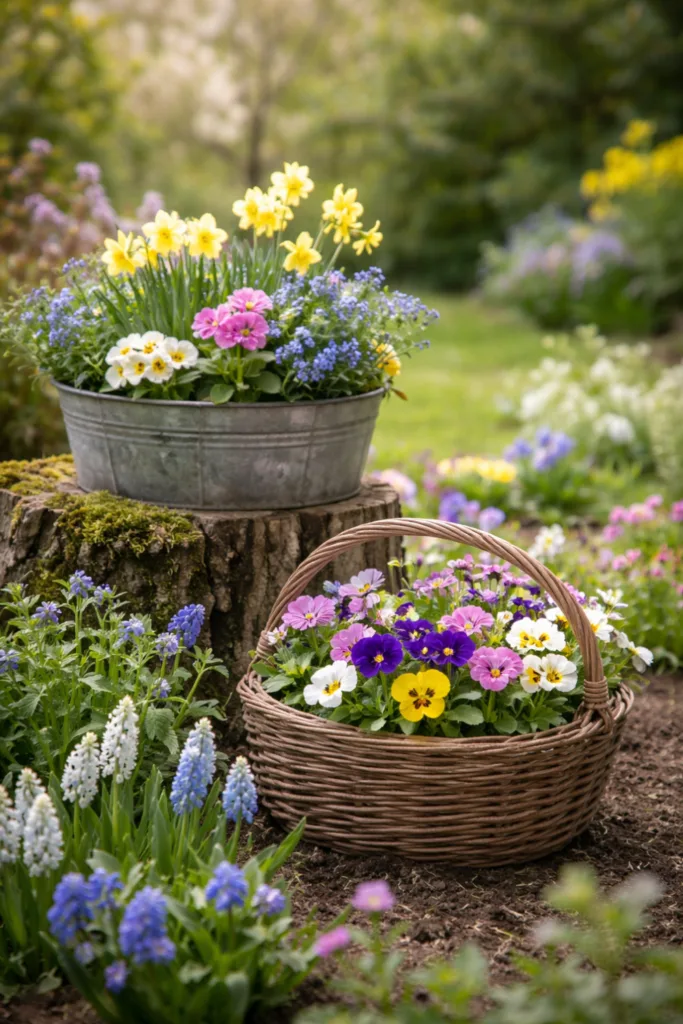 Bunte Pflanzkörbe mit Frühlingsblumen als natürliche Deko im Gartenbeet