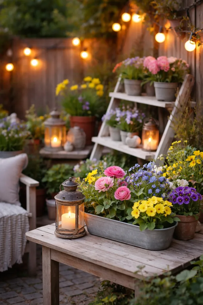Kleiner Garten mit Frühlingsdeko, Blumen in Töpfen, Lichterkette und Holzbank
