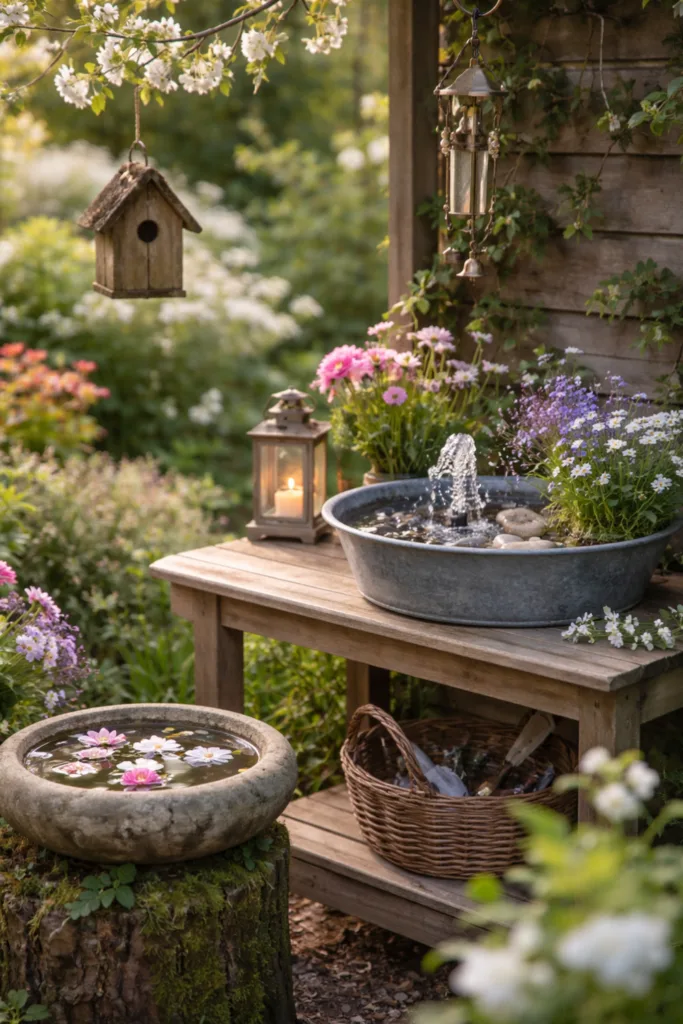 Kleine Gartenecke mit Frühlingsdeko, Vogelhaus, Blumen und Solarbrunnen