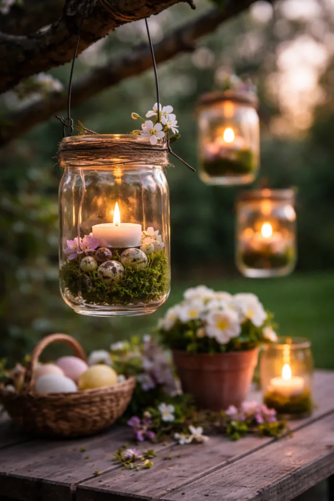 DIY-Windlichter im Glas mit Moos und Blumen als Frühlingsdeko im Garten